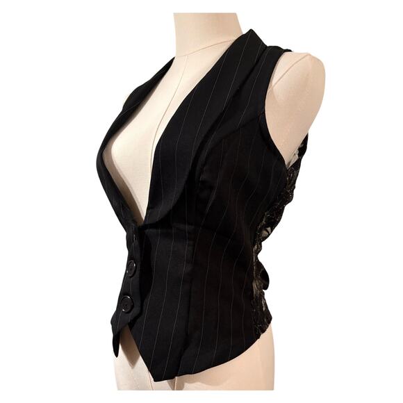 WET SEAL Vest | Black Lace Back Metallic Silver Floral Bow Goth Rockstar | SMALL - Picture 1 of 7
